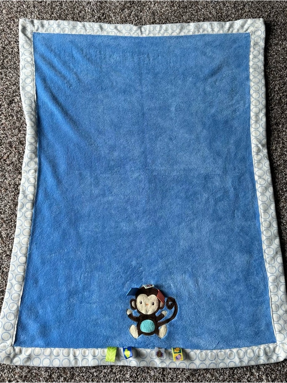 Taggies Blue Monkey Baby Blanket with Light Blue Dot Border